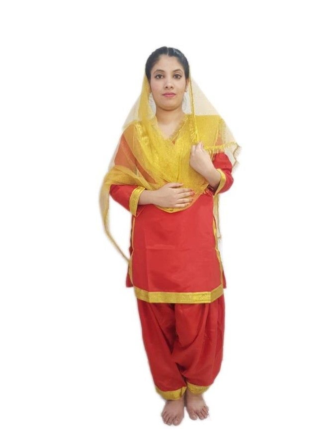 BookMyCostume Punjabi Giddha Baisakhi Folk Dance Costume for Girls and Females | Golden & Red | Without Jewellery 10-12 Years - Image 1